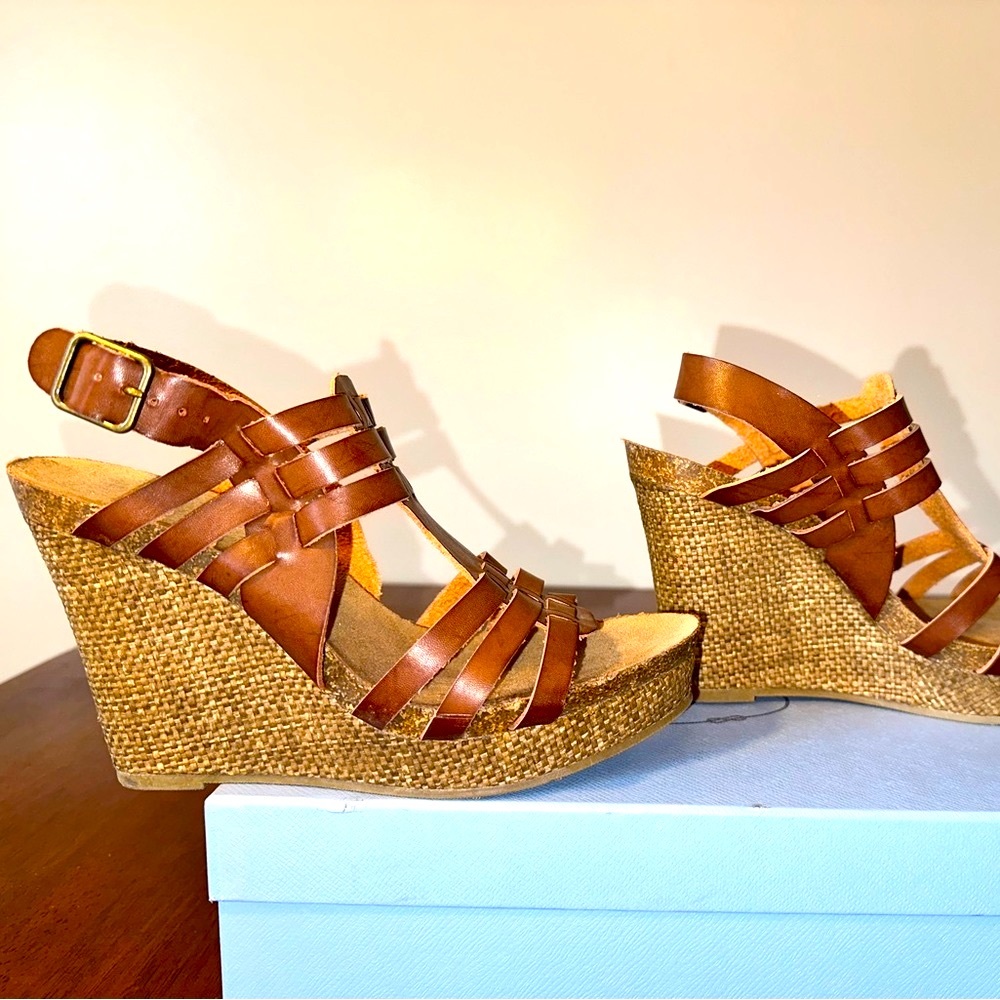 Mia Sangria Cognac Leather Wedge Sandals